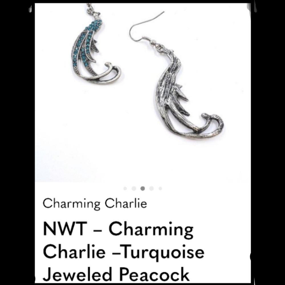 Teal Blue Feather Earrings with Jeweled Peacocks - Picture 10 of 13